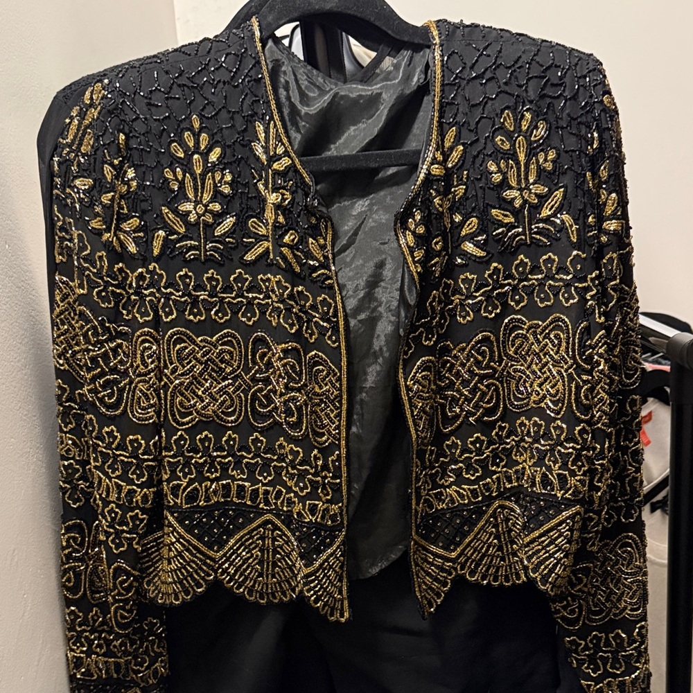 Elegant Black and Gold beaded Embellished Women's evening Jacket